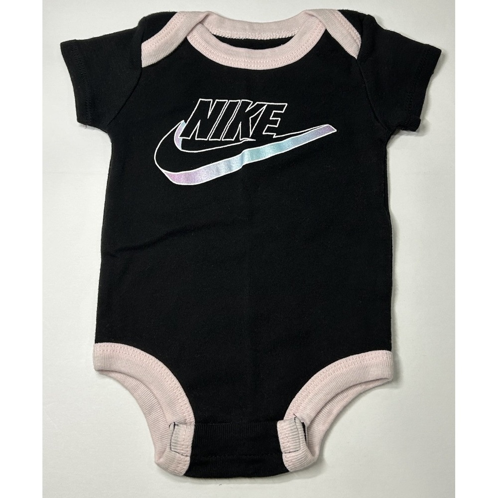 Nike One Piece Baby Girl 0-6 Months Body Suit Outfit Black Pink Swoosh‎